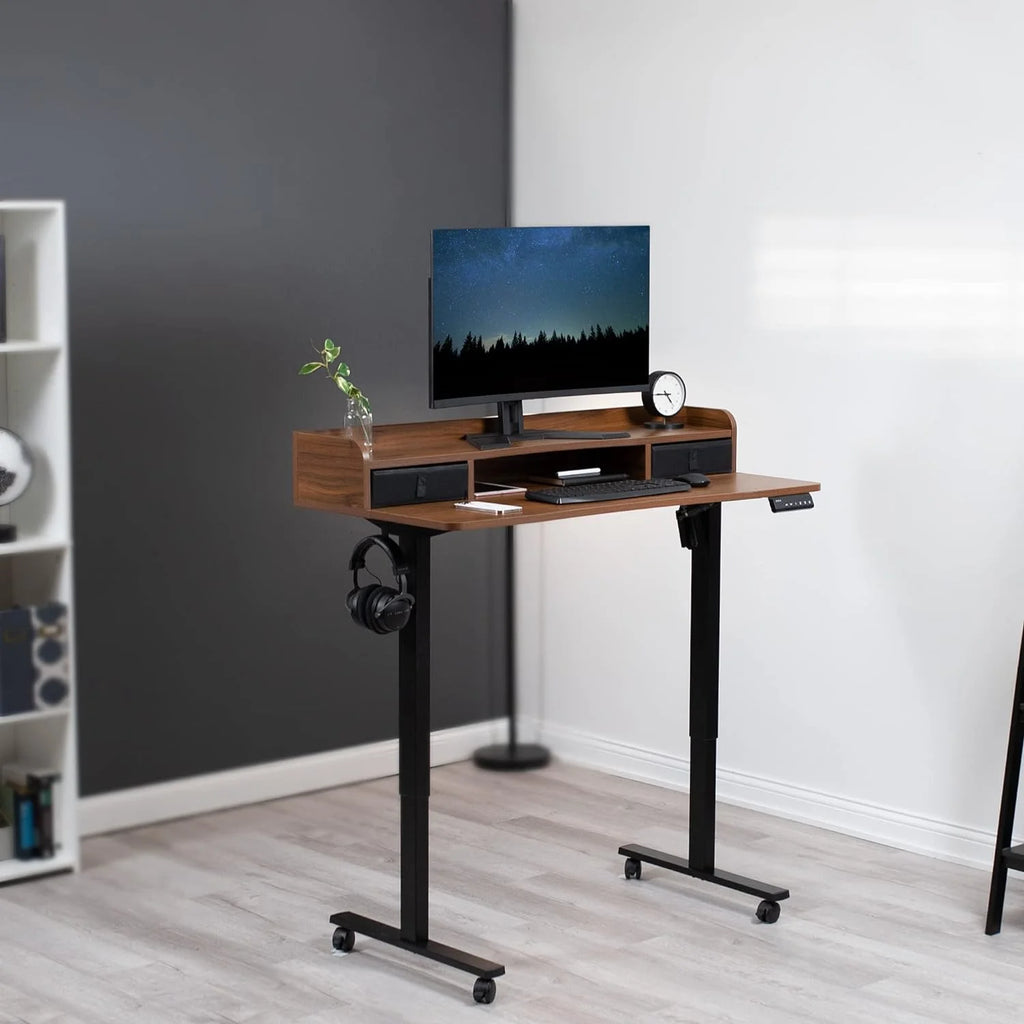 Dark Walnut Top Black Frame 2-Tier Height Adjustable Stand Up Desk I3691
