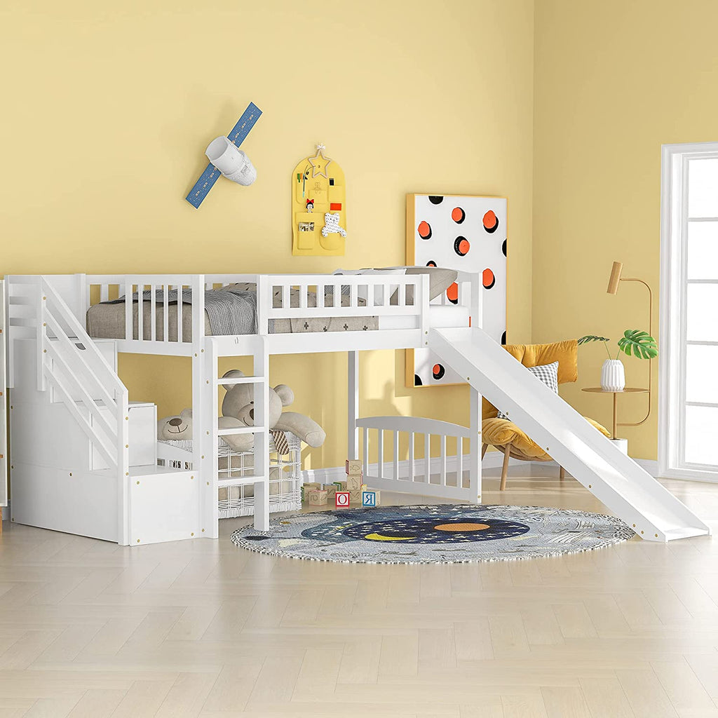 White Wooden Low Loft Bed Frame With Storage R557498