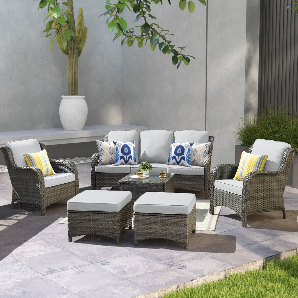 Beige 6-piece Wicker Sectional Set with Table P9960