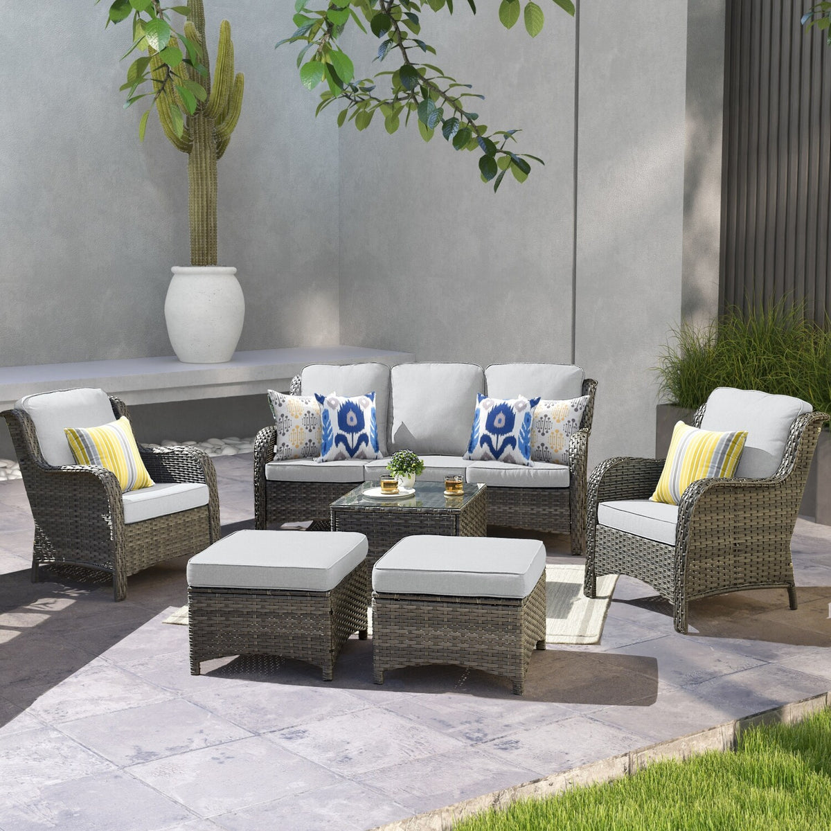 Beige 6-piece Wicker Sectional Set with Table P9960