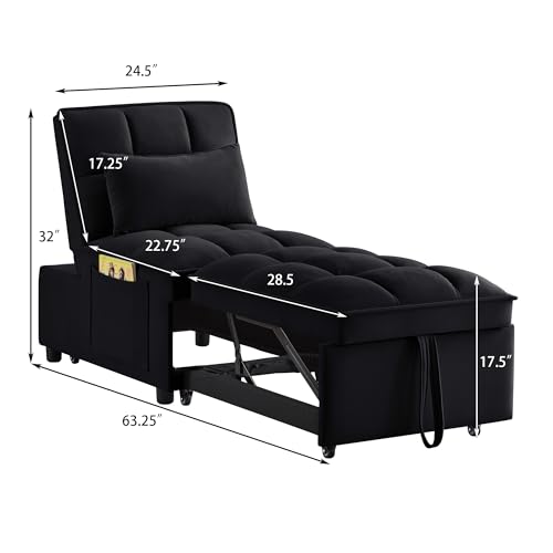 Velvet Single Sofa Bed with Storage Pockets and 2 Pillows M627897