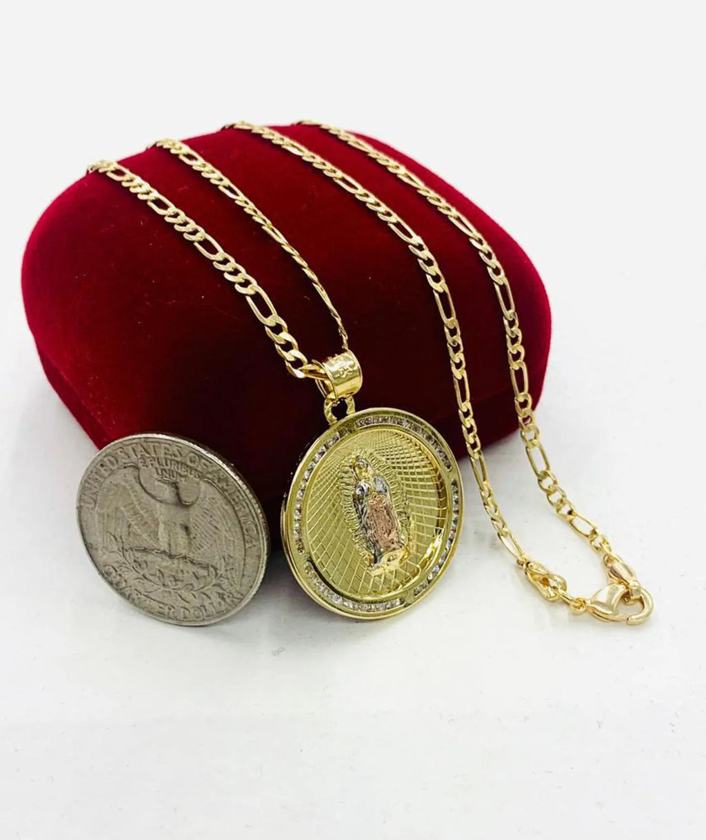 14K Gold Filled Tri Color Virgen de Guadalupe Necklace Figaro Chain R1889
