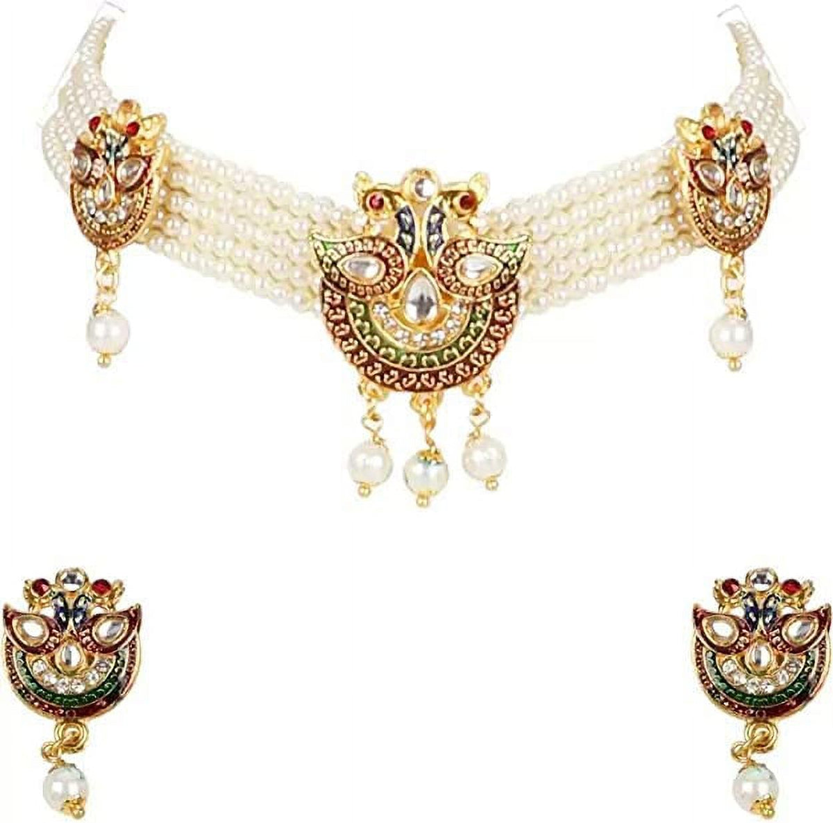 Gold Plated Pearl Beaded Choker with Earrings Y1022