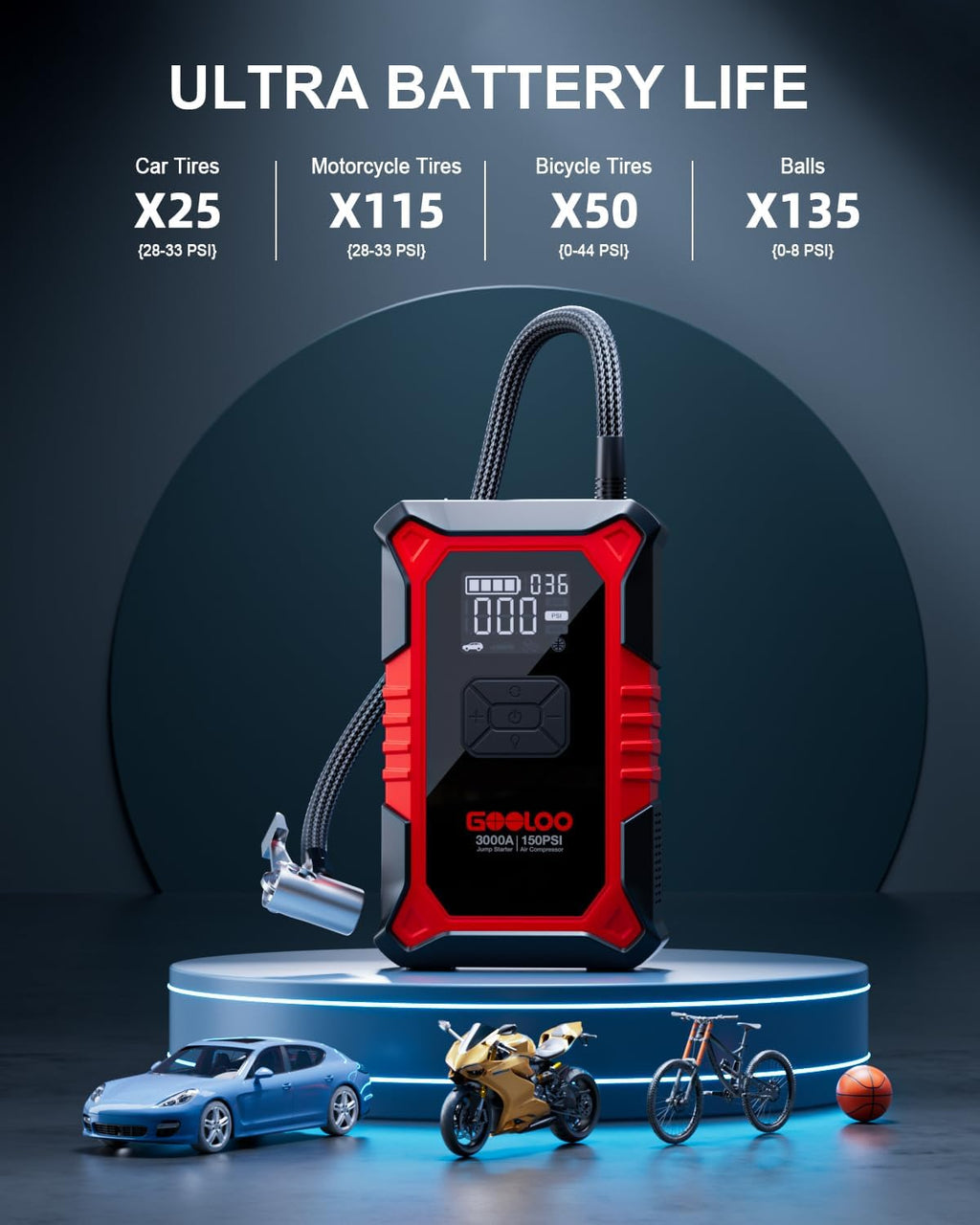 3000A Portable Car Battery Booster with 150PSI Tire Inflator Z557733
