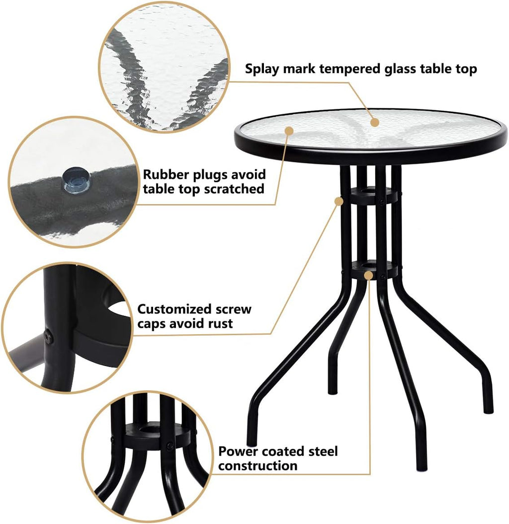3-Piece Patio Bistro Set with Round Tempered Glass Table and 2 Foldable Chairs E307743