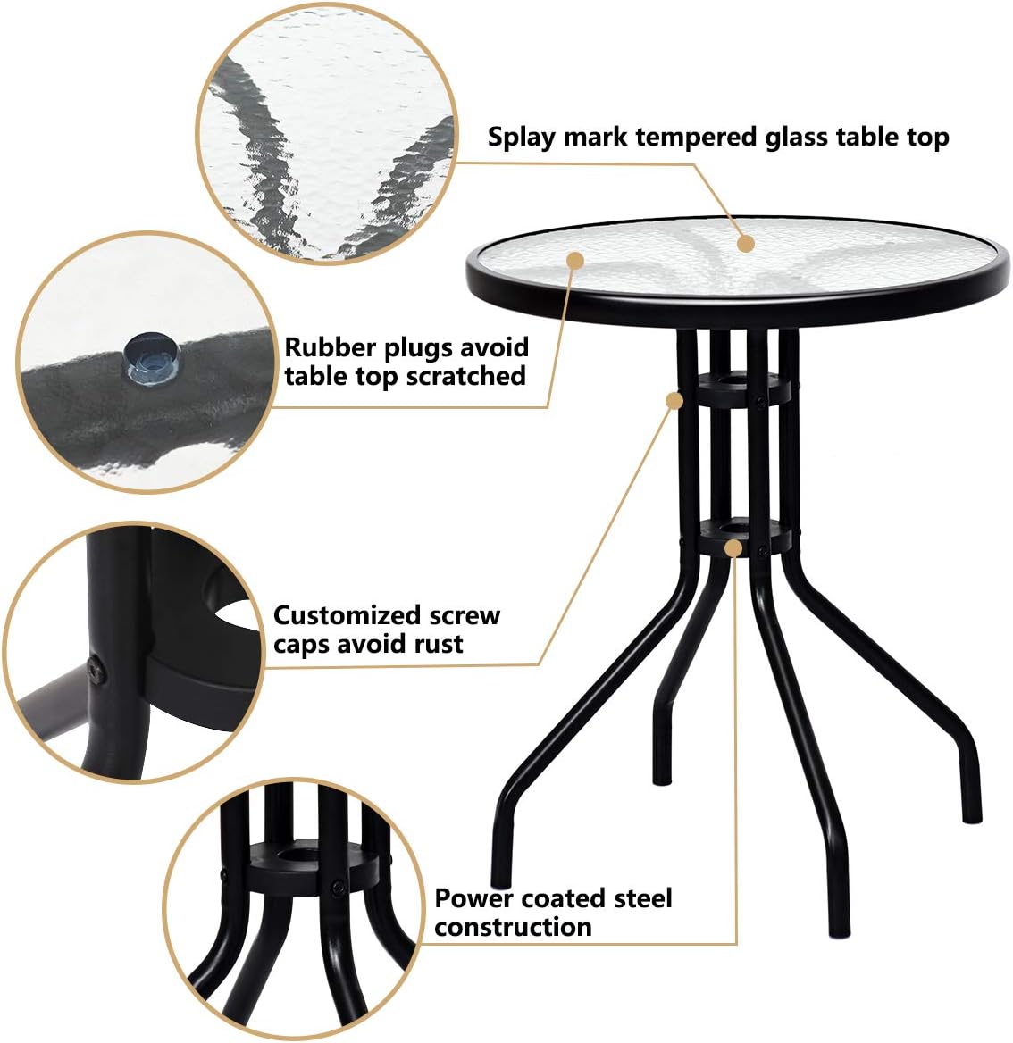 3-Piece Patio Bistro Set with Round Tempered Glass Table and 2 Foldable Chairs E307743