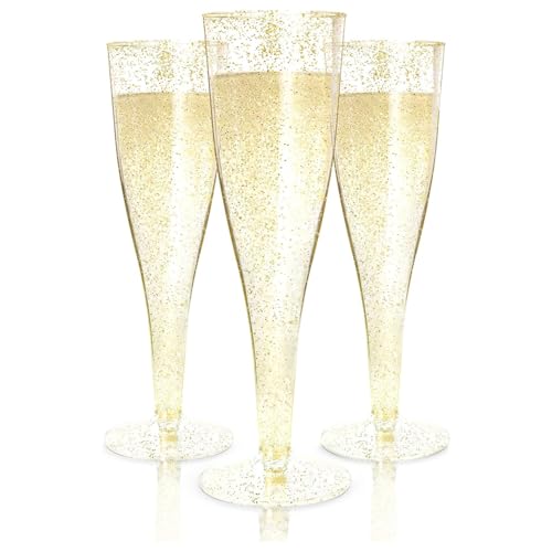 48 Pack 4.5 oz Gold Glitter Plastic Champagne Flutes A356643