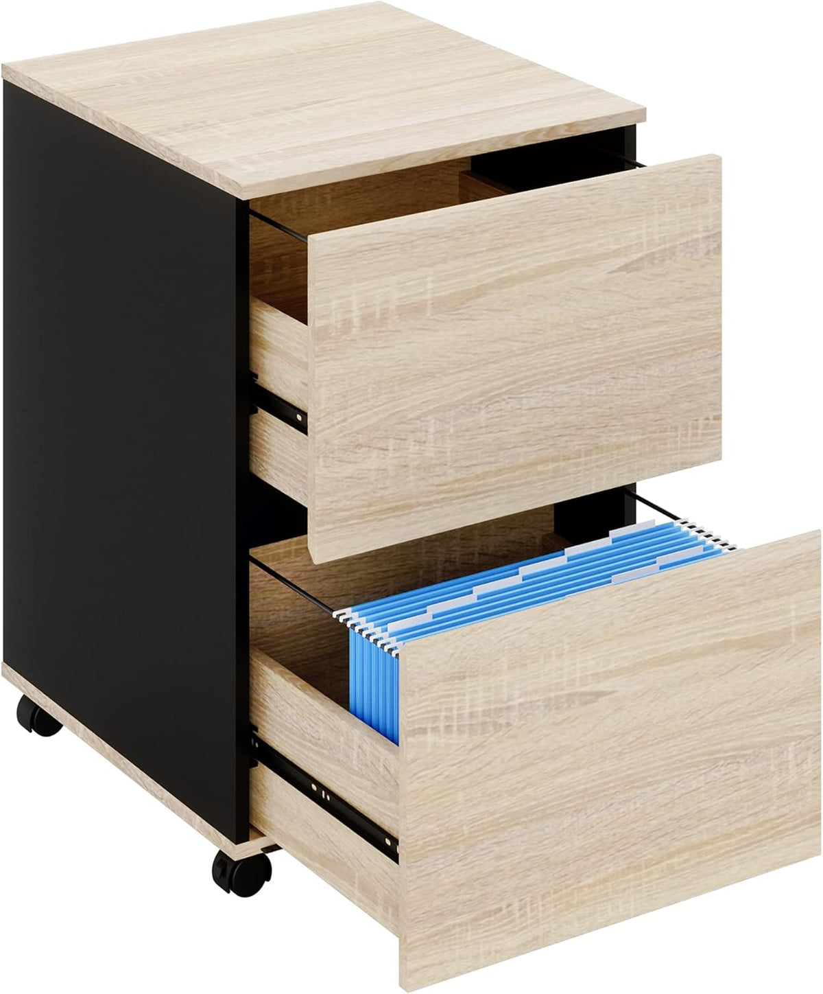 2 Drawer Mobile File Cabinet with File Holders Wood Rolling Filing Cabinet Oak Z51435