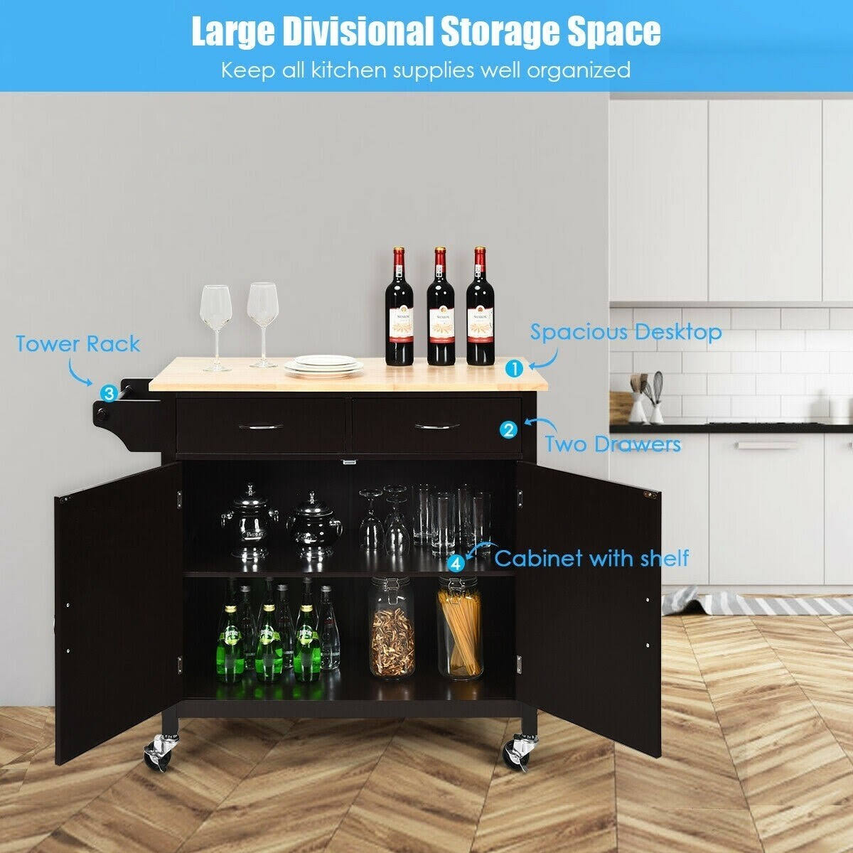 White Rolling Kitchen Cart with Wooden Top I8509