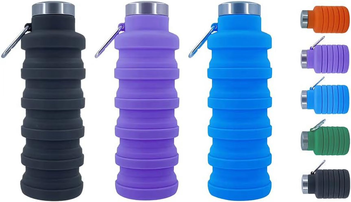 Collapsible Silicone Water Bottle with Carabiner, 17oz, 3 pack D130233