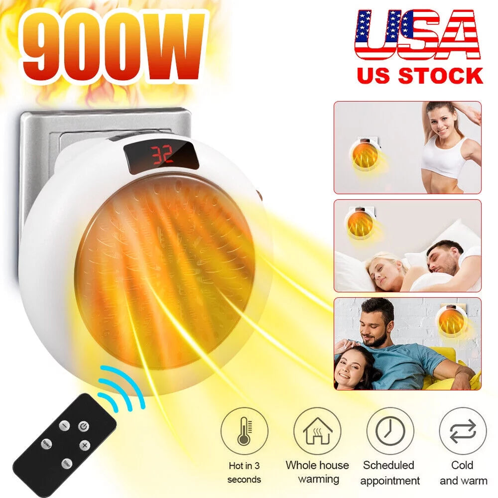 900W White Digital Thermostat Plug in Electric Heater Fan with Remote Timer O9061