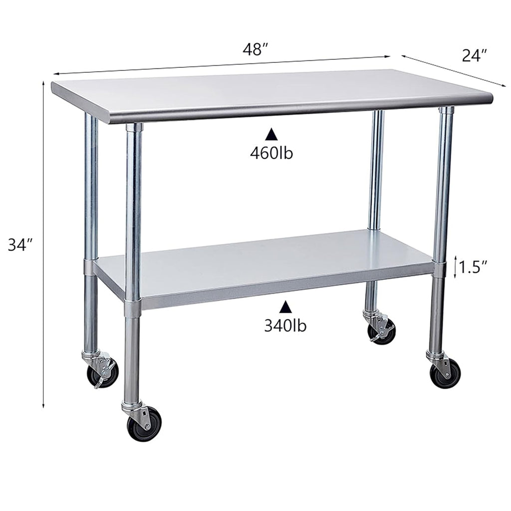 Stainless Steel Table 24 x 48 Inches with Caster Wheels and Undershelf Q616