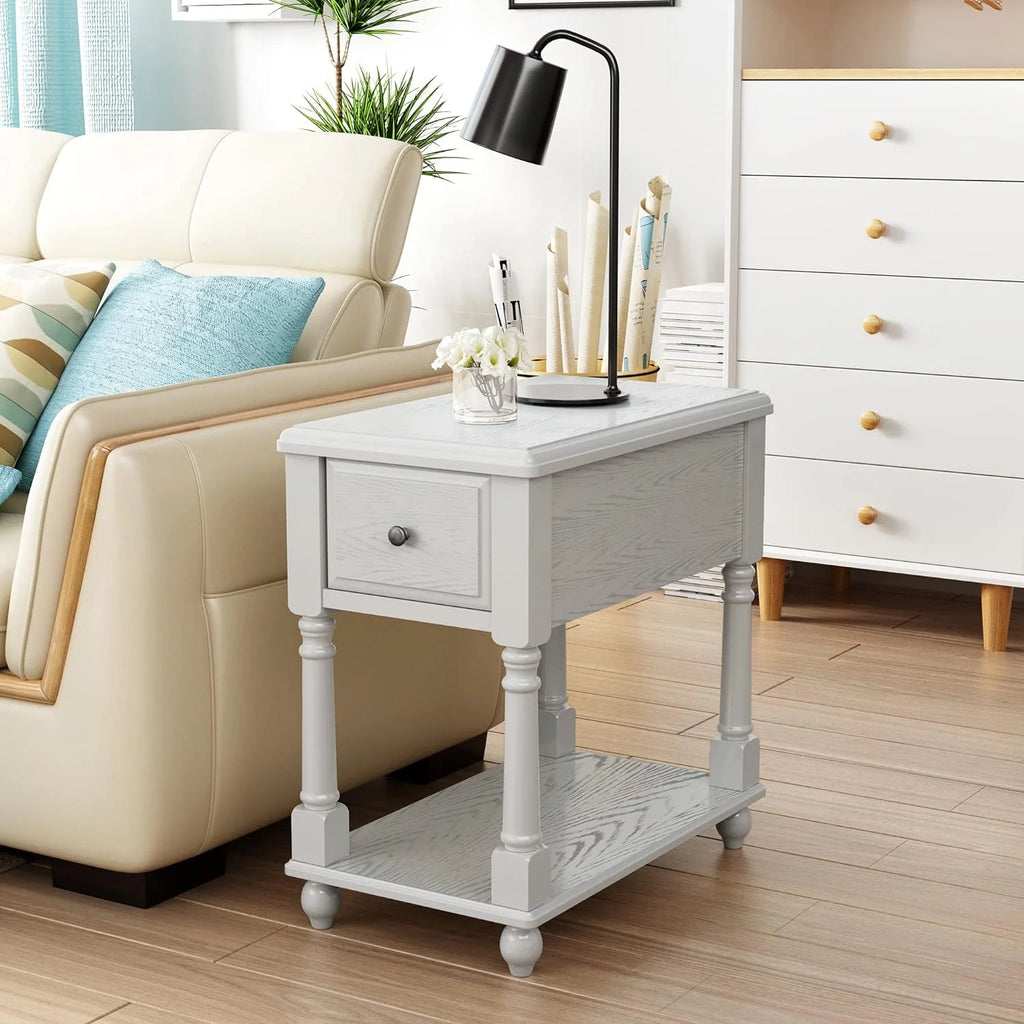 Narrow 2 Tier Solid Wood End Table with Drawer F470185