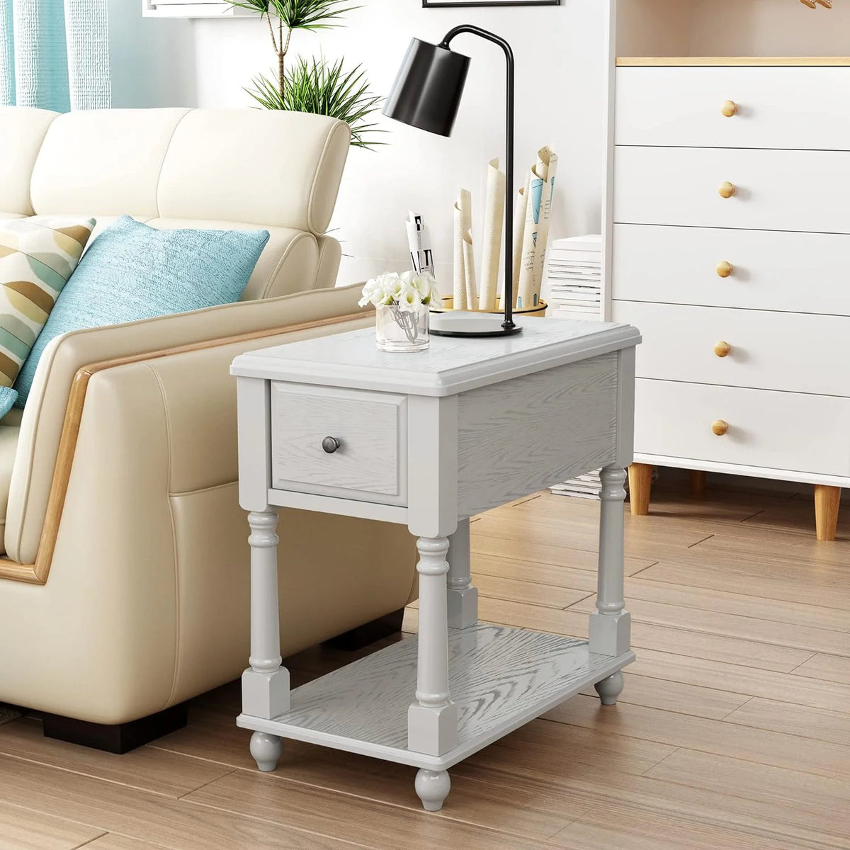Narrow 2 Tier Solid Wood End Table with Drawer F470185