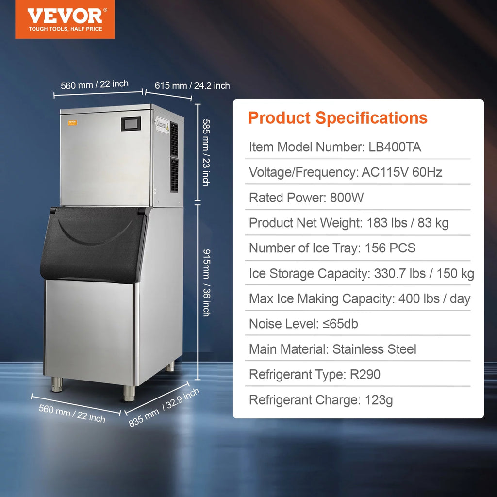 Commercial Ice Maker with 400LBS/24H and Storage Bin V7142