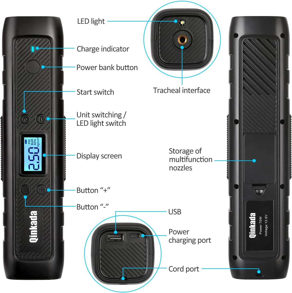 Portable Tire Inflator Air Compressor Pump 4500mAh Rechargeable Li-ion Battery with LED Light T70891