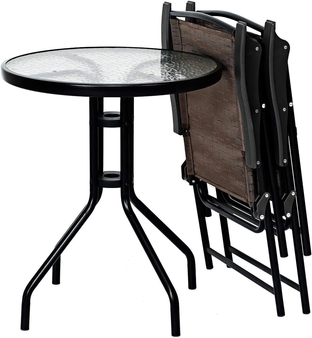 3-Piece Patio Bistro Set with Round Tempered Glass Table and 2 Foldable Chairs E307743