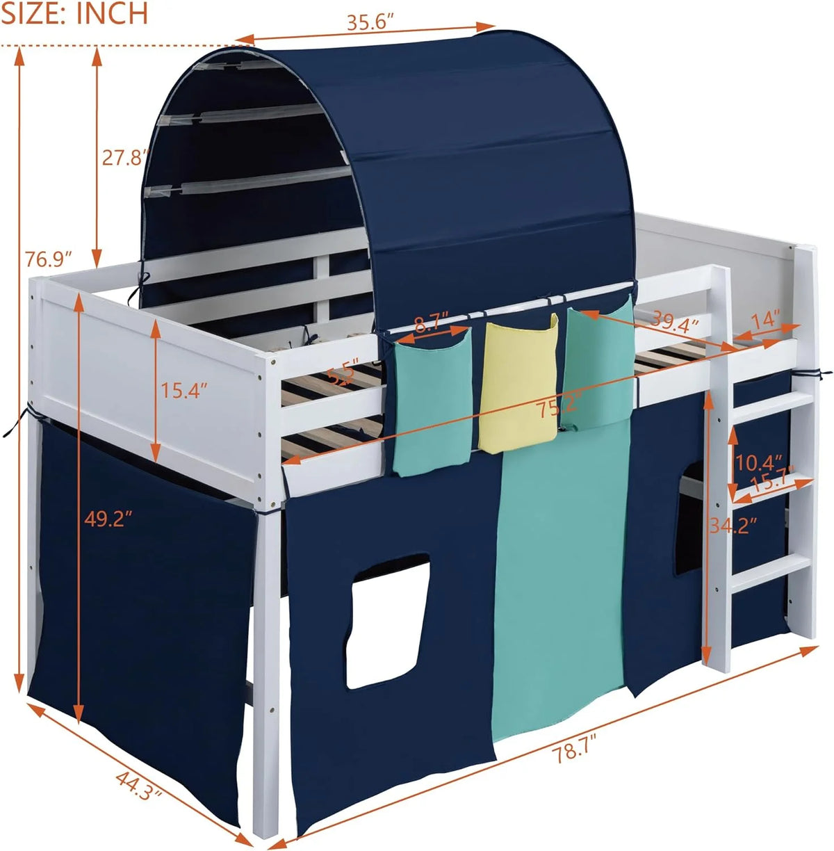 Blue Wood Low Loft Bed Frame with Tent, Tower and Three Pockets P869