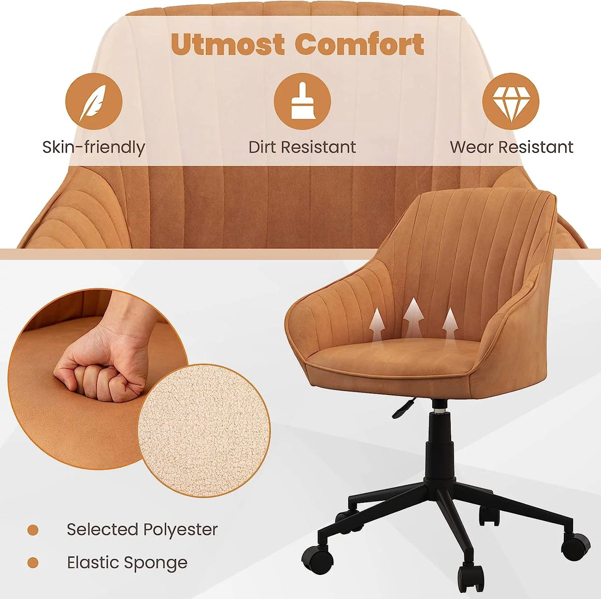 Brown Leather Office Chair with Wheels and Armrests H19320