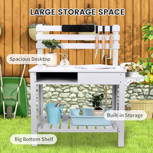 Wooden Potting Bench Table with 3 Side Hook Shelf P5347