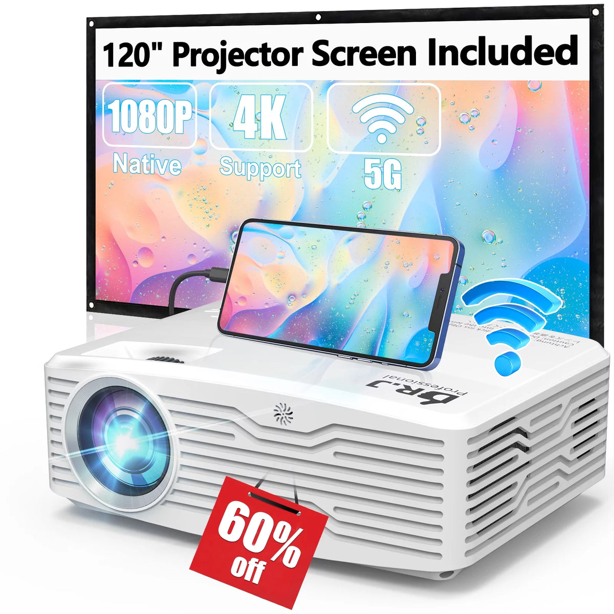 5G WiFi Projector Full HD 4K Native 1080P with 120 Projector Screen L322