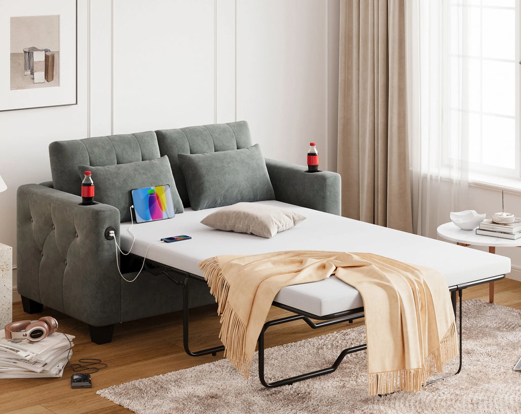 Full Pull Out Sofa Bed 2-in-1 Convertible Sleeper Couch Memory Foam Dark Grey Z43611