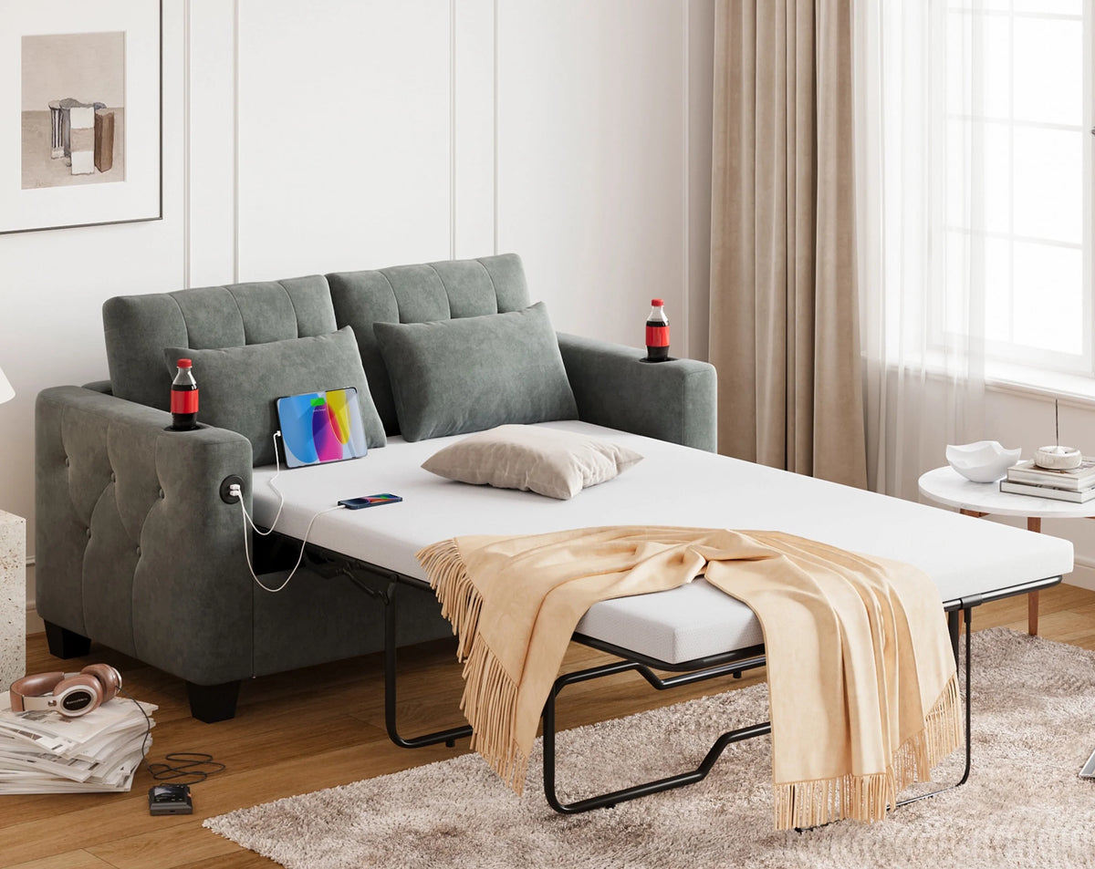 Full Pull Out Sofa Bed 2-in-1 Convertible Sleeper Couch Memory Foam Dark Grey Z43611