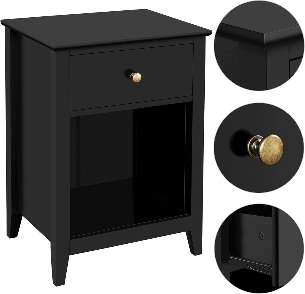 Black 2 Tier Wood Side Table with 1 Drawer and Bottom Shelf O442