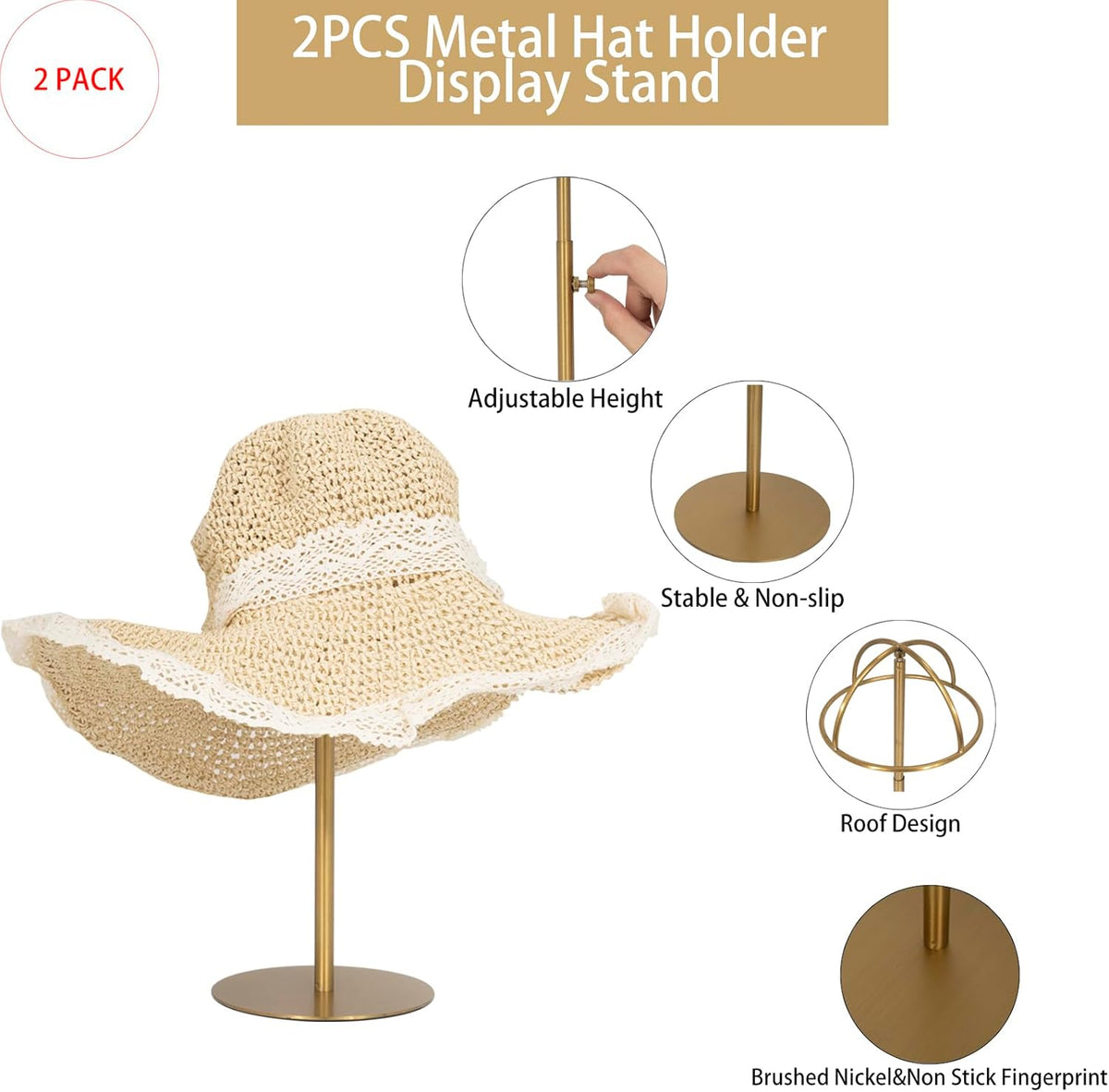 2PCS Stainless Steel Brushed Nickel Titanium Hat Stand P280724