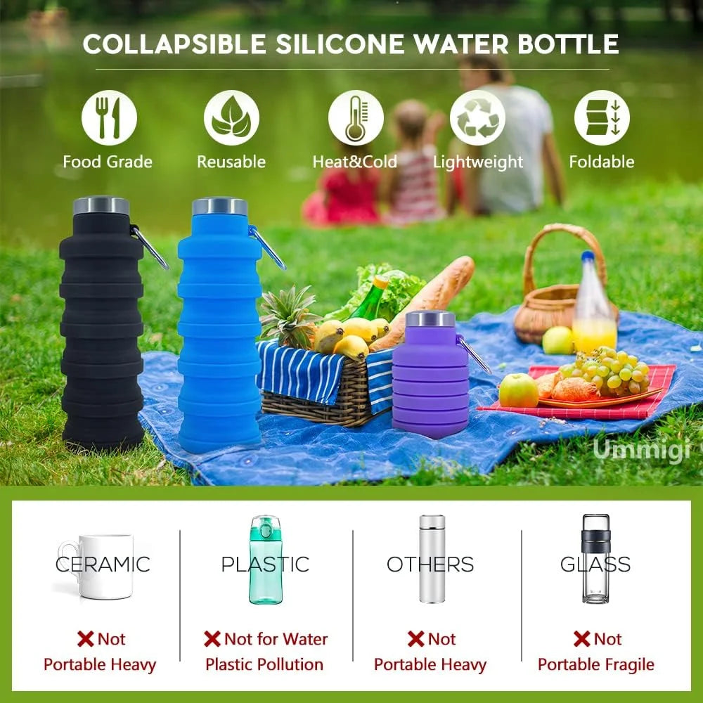 Collapsible Silicone Water Bottle with Carabiner, 17oz, 3 pack D130233