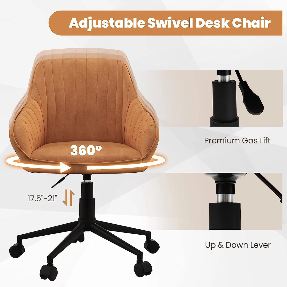 Brown Leather Office Chair with Wheels and Armrests H19320