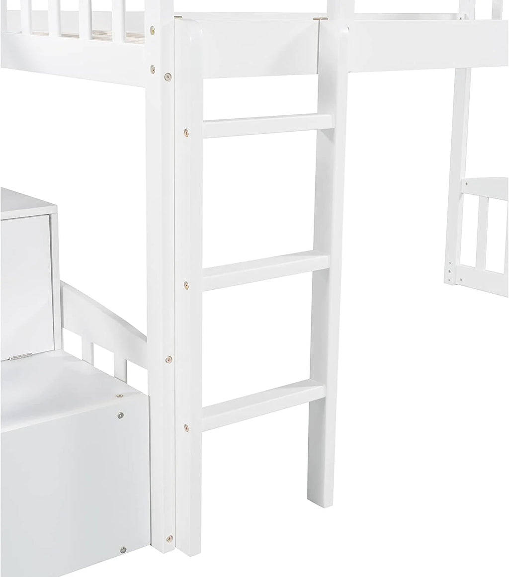White Wooden Low Loft Bed Frame With Storage R557498