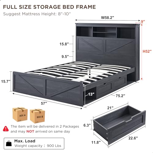 King Size Wood Bed Frame with Storage Headboard and 4 Drawers N7988