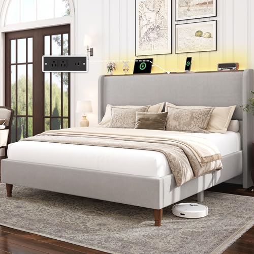 Queen Size Linen Upholstered Platform Bed Frame with Storage Shelf U698