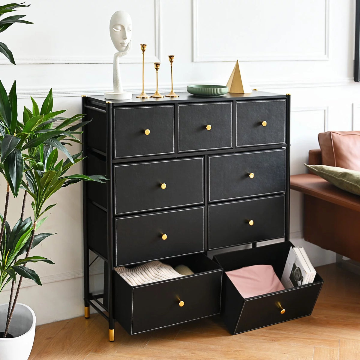 Black 9 Drawer Fabric Dresser with PU Leather Wooden Top H9615