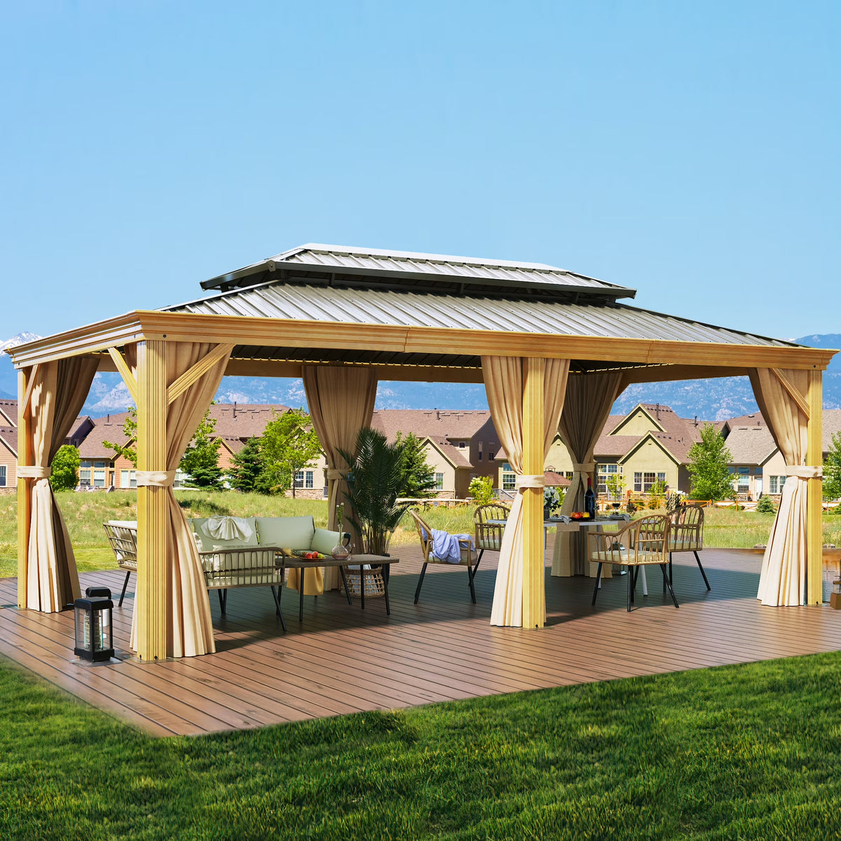 12x20ft Hardtop Gazebo with Nettings and Curtains, Wood Grain Double Roof Galvanized Steel K185912