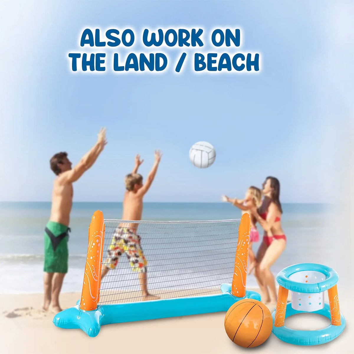 Light Blue Inflatable Volleyball Net & Basketball Hoops Pool Float Set E5843