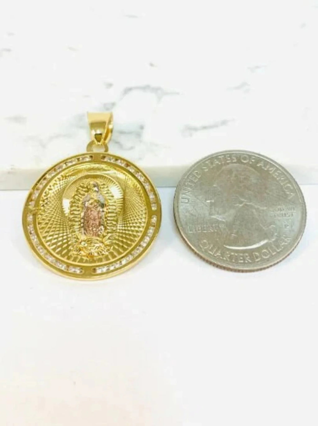 14K Gold Filled Tri Color Virgen de Guadalupe Necklace Figaro Chain R1889