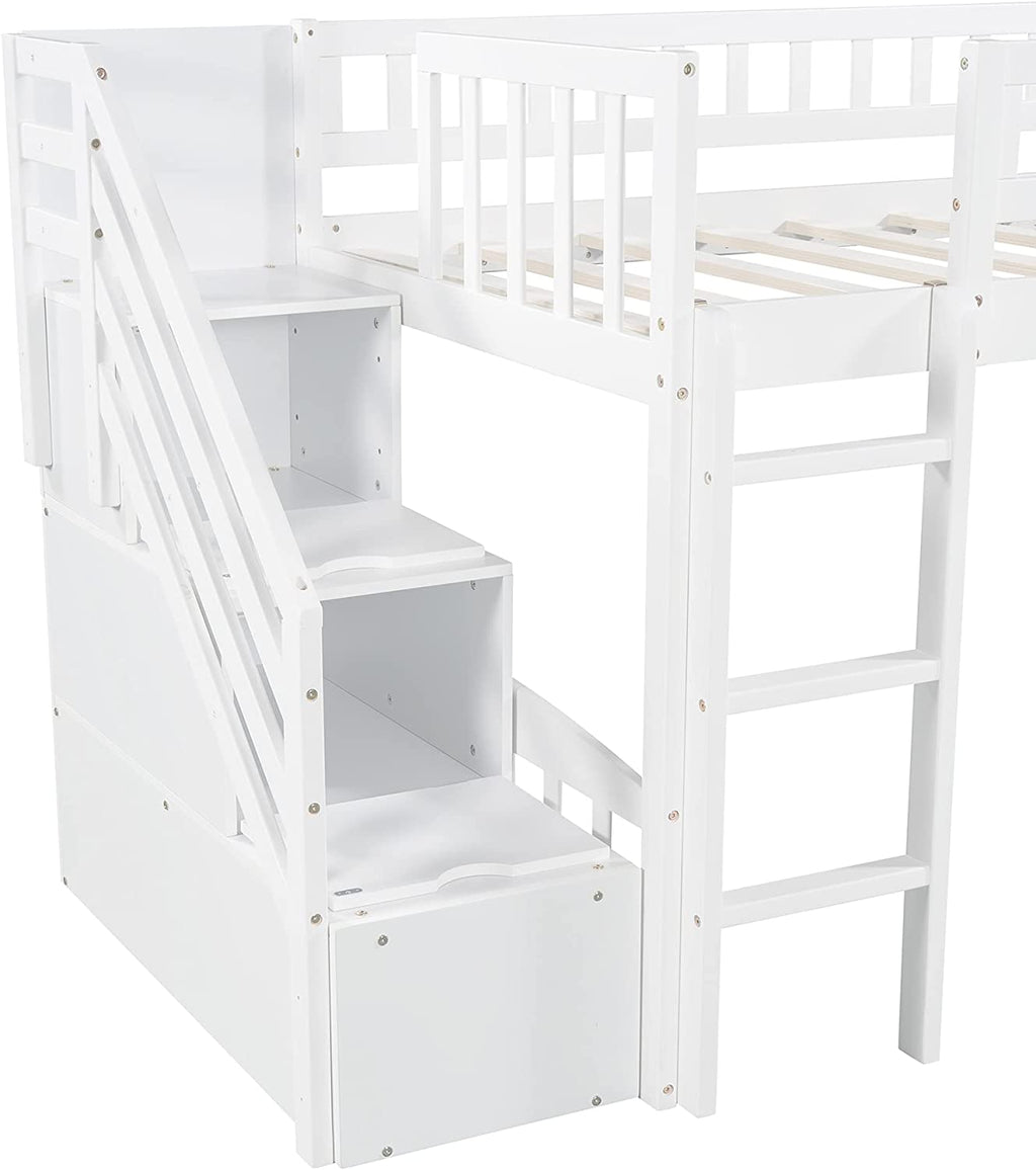 White Wooden Low Loft Bed Frame With Storage R557498