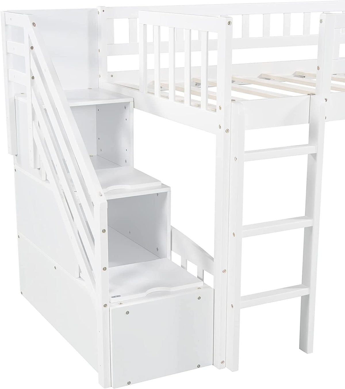 White Wooden Low Loft Bed Frame With Storage R557498