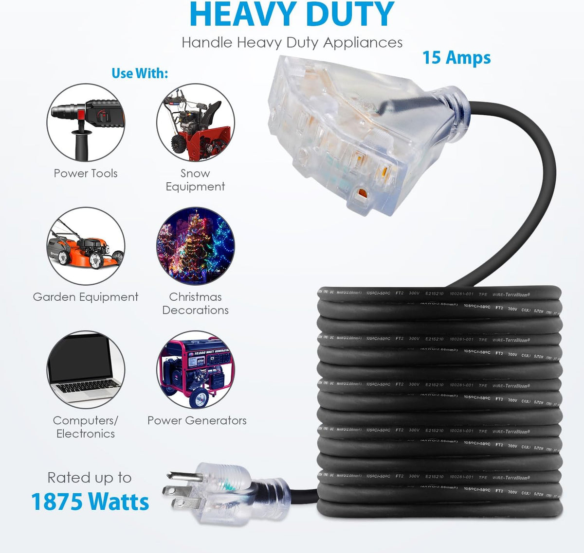 50 FT 12/3 Outdoor Extension Cord, Triple Outlet Black D22894