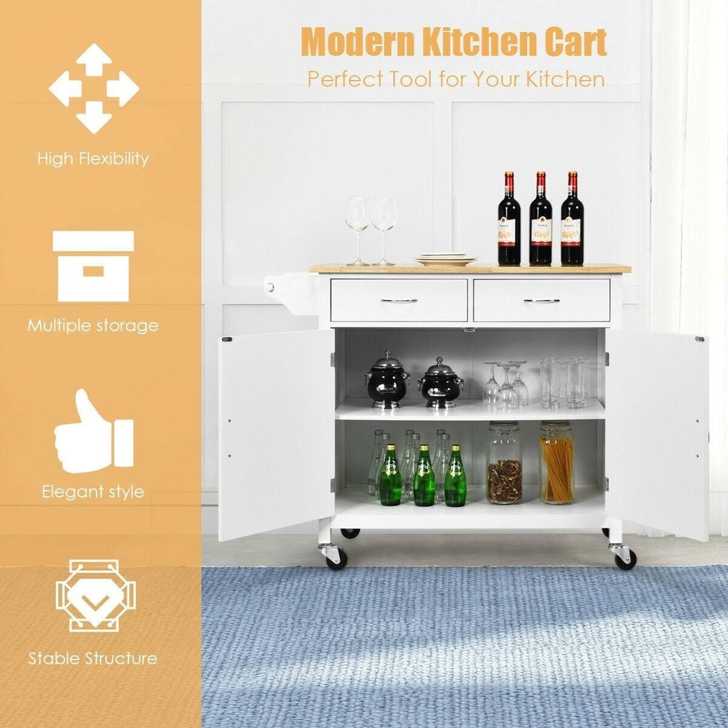 White Rolling Kitchen Cart with Wooden Top I8509