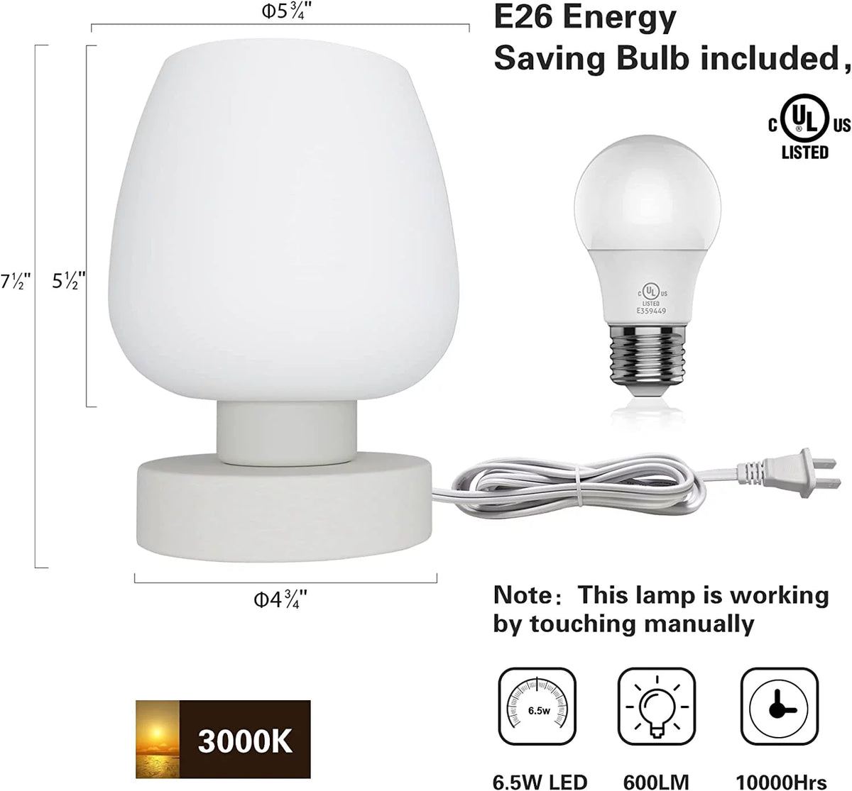 Touch Control Table Lamp with Glass Lamp Shade A916