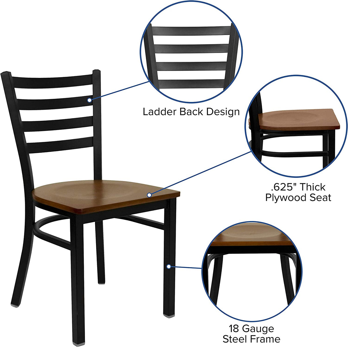 Black Ladder Back Metal Restaurant Chair with Cherry Wood Seat E18730