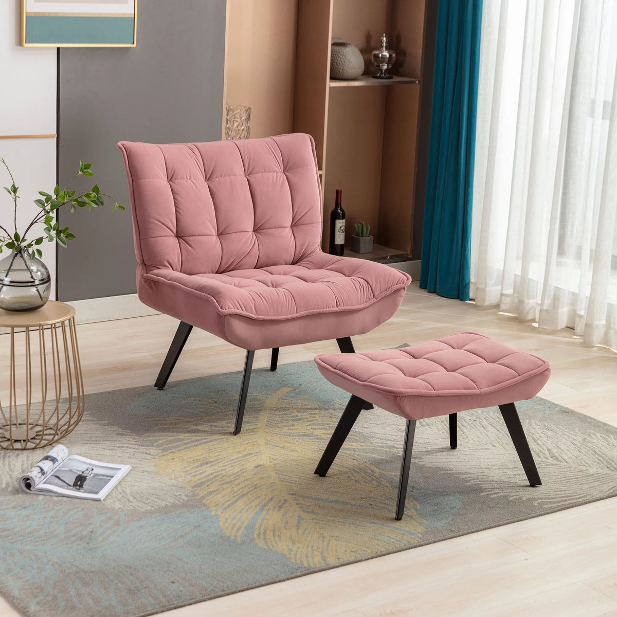 Soft Velvet Accent Chair with Ottoman V2539