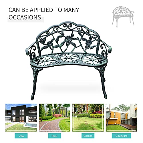 Green Cast Aluminum Metal Bench with Floral Rose Accent O8135