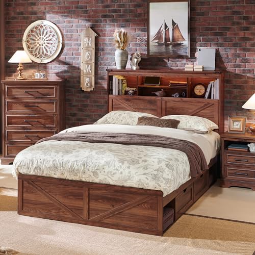 King Size Wood Bed Frame with Storage Headboard and 4 Drawers N7988