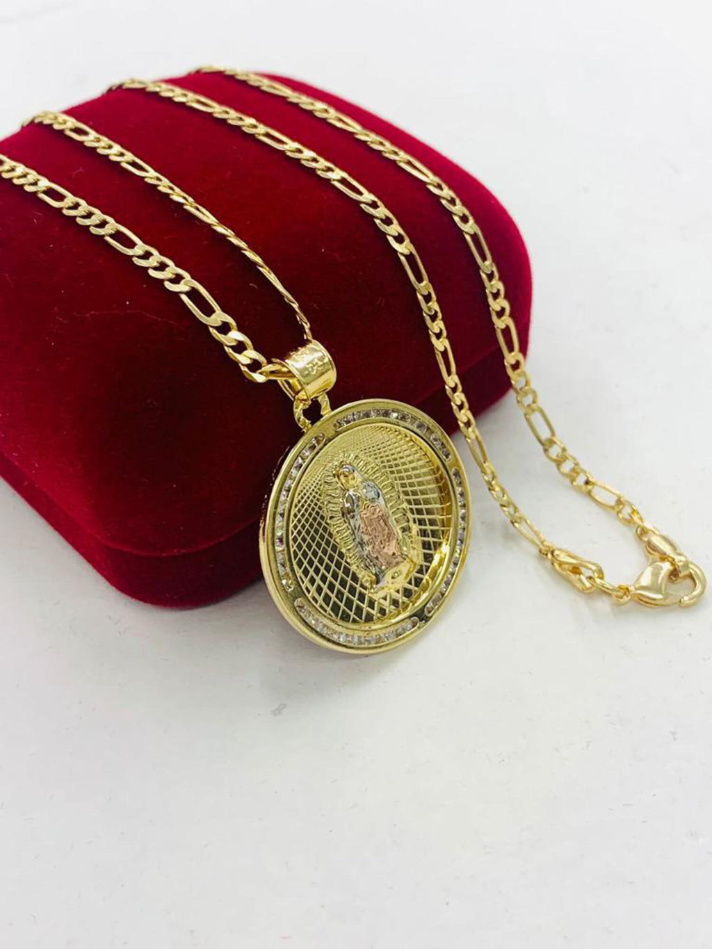 14K Gold Filled Tri Color Virgen de Guadalupe Necklace Figaro Chain R1889