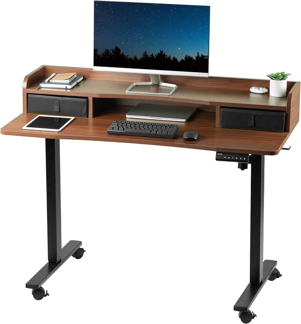 Dark Walnut Top Black Frame 2-Tier Height Adjustable Stand Up Desk I3691