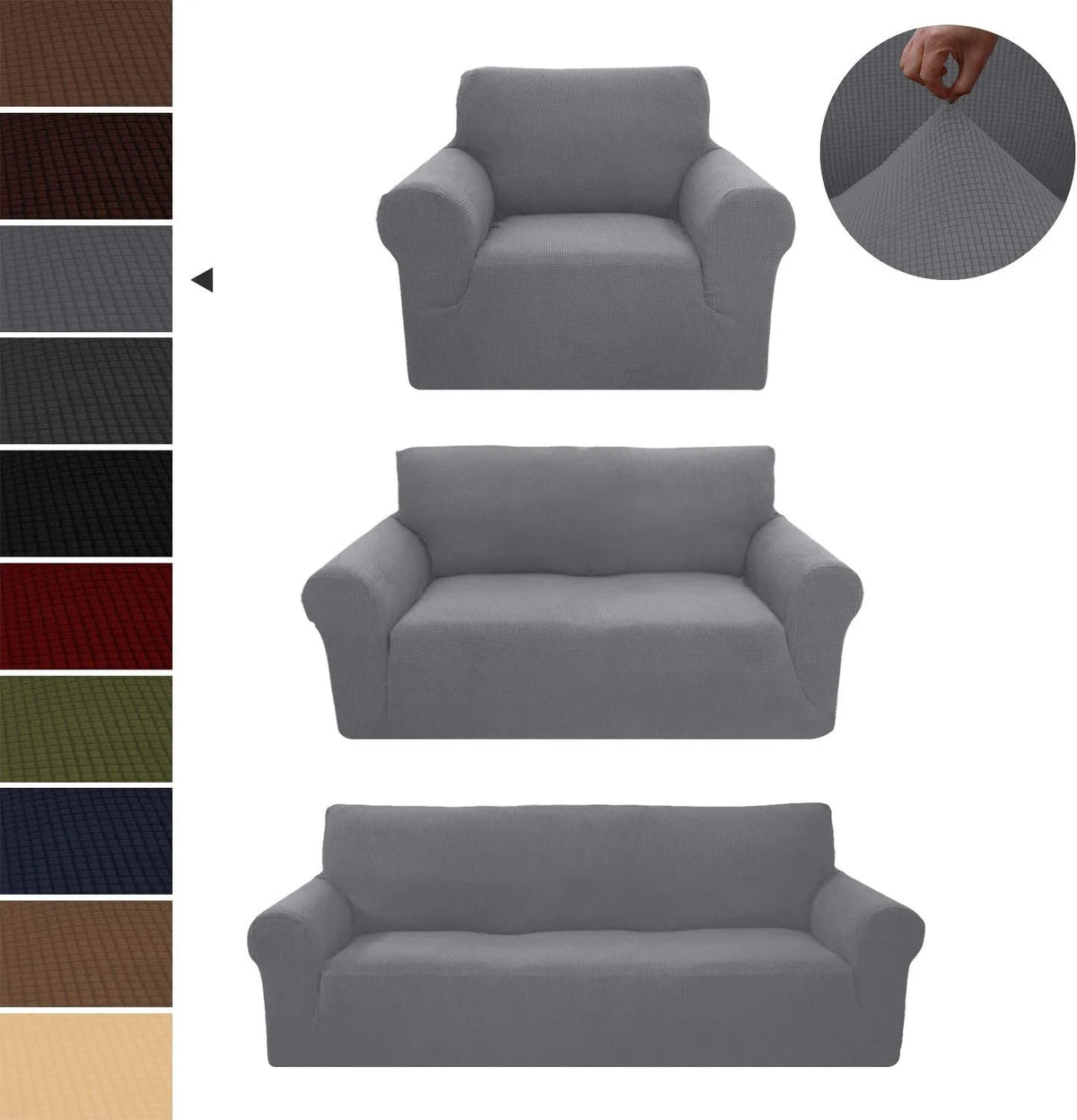 3-Piece Brushed Polyester Spandex SlipCover Set for Sofa Loveseat Couch Arm Chair, Light Gray O14031